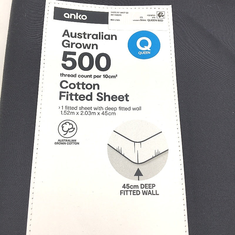 Australian Grown Cotton Anthracite Fitted Sheet 500 Thread Count QUEEN Size NEW