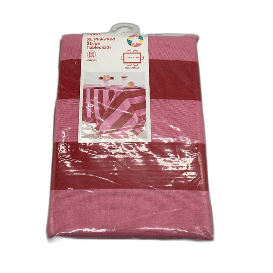 Easy Care Machine Washable XL Pink & Red Stripe Ruffle Rectangle Tablecloth NEW