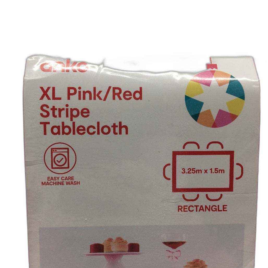 Easy Care Machine Washable XL Pink & Red Stripe Ruffle Rectangle Tablecloth NEW