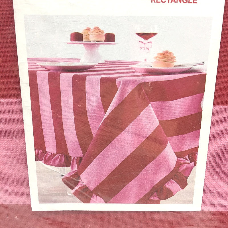 Easy Care Machine Washable XL Pink & Red Stripe Ruffle Rectangle Tablecloth NEW