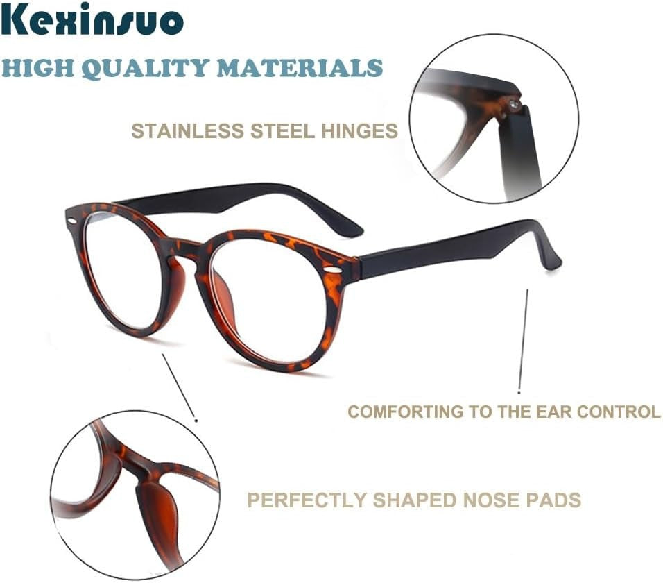 Kexinsuo Classic Round Reading Glasses with Anti Blue Light in Black Brown NEW