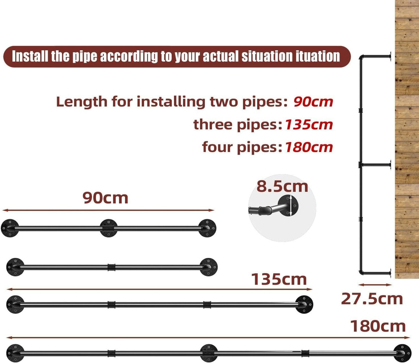 9SHOME 180cm Industrial Pipe Clothes Rail Heavy Duty Wall Mounted Rack NEW