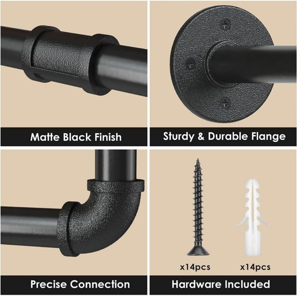 9SHOME 180cm Industrial Pipe Clothes Rail Heavy Duty Wall Mounted Rack NEW