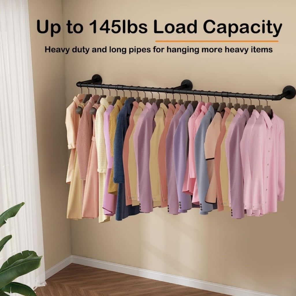 9SHOME 180cm Industrial Pipe Clothes Rail Heavy Duty Wall Mounted Rack NEW