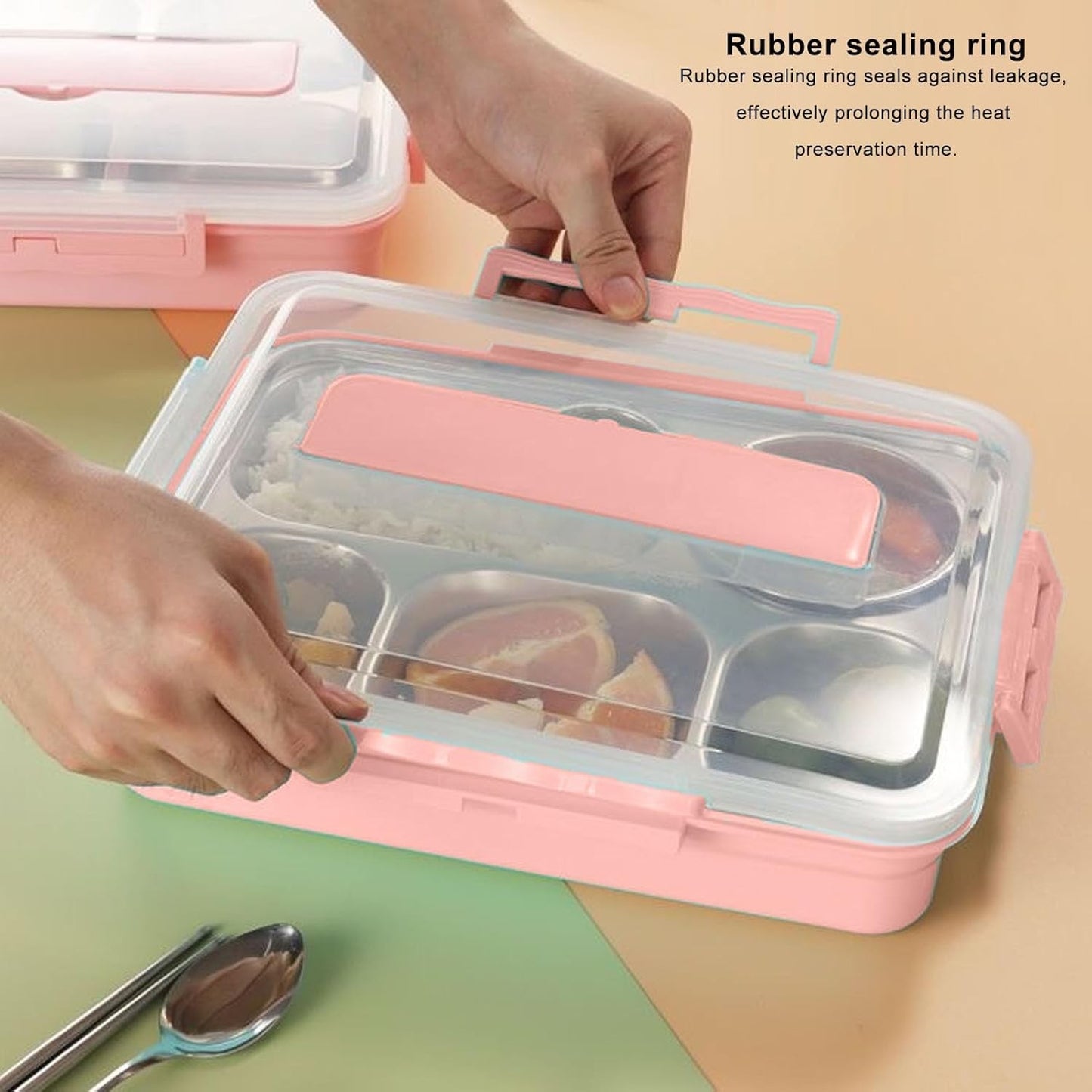 5 Compartment Pink Stainless Steel Bentou Lunch Box for School NEW