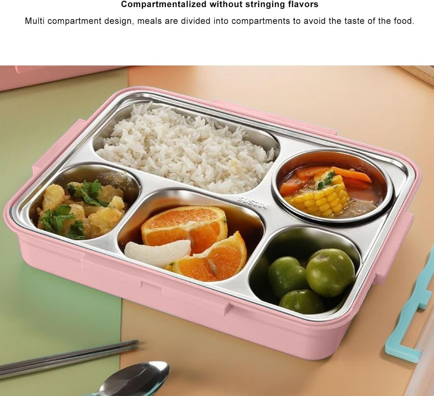 5 Compartment Pink Stainless Steel Bentou Lunch Box for School NEW