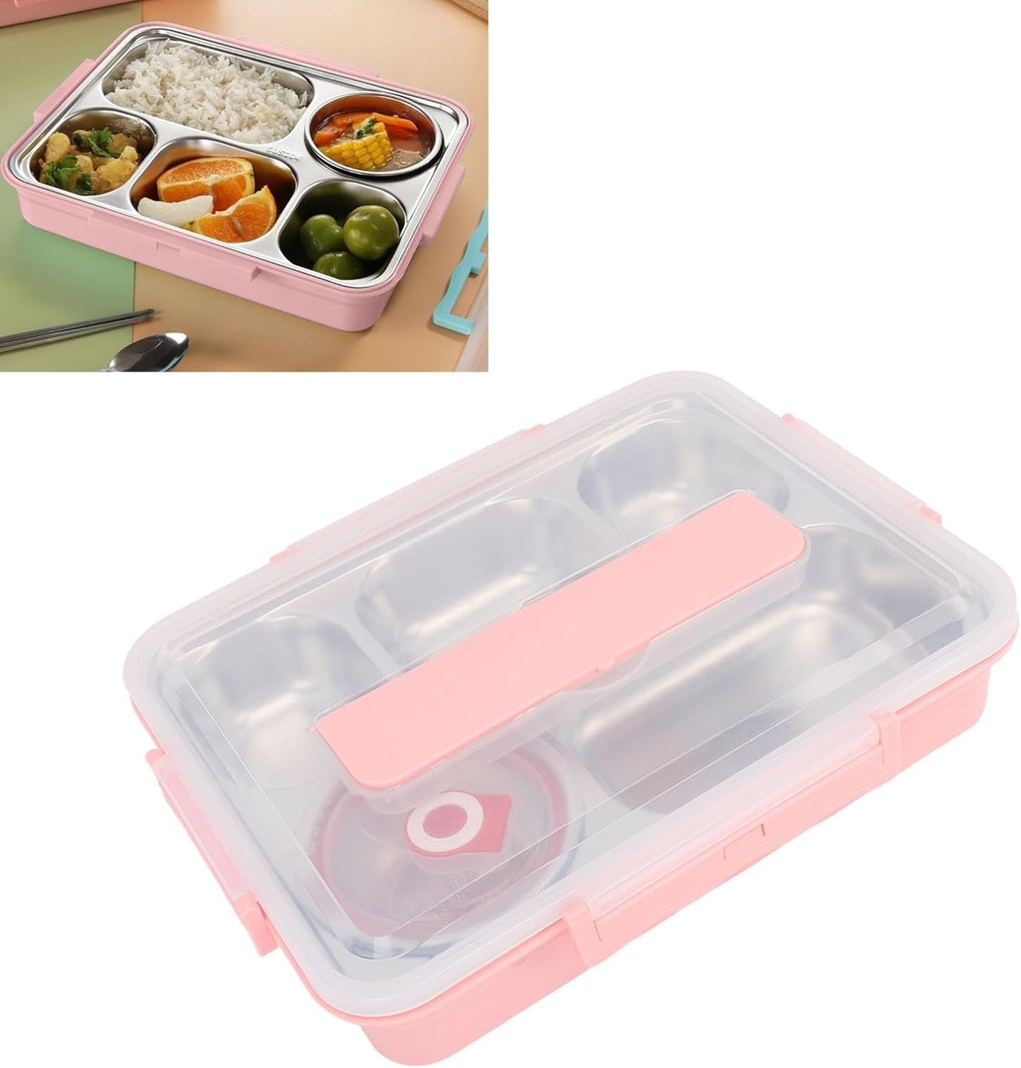 5 Compartment Pink Stainless Steel Bentou Lunch Box for School NEW