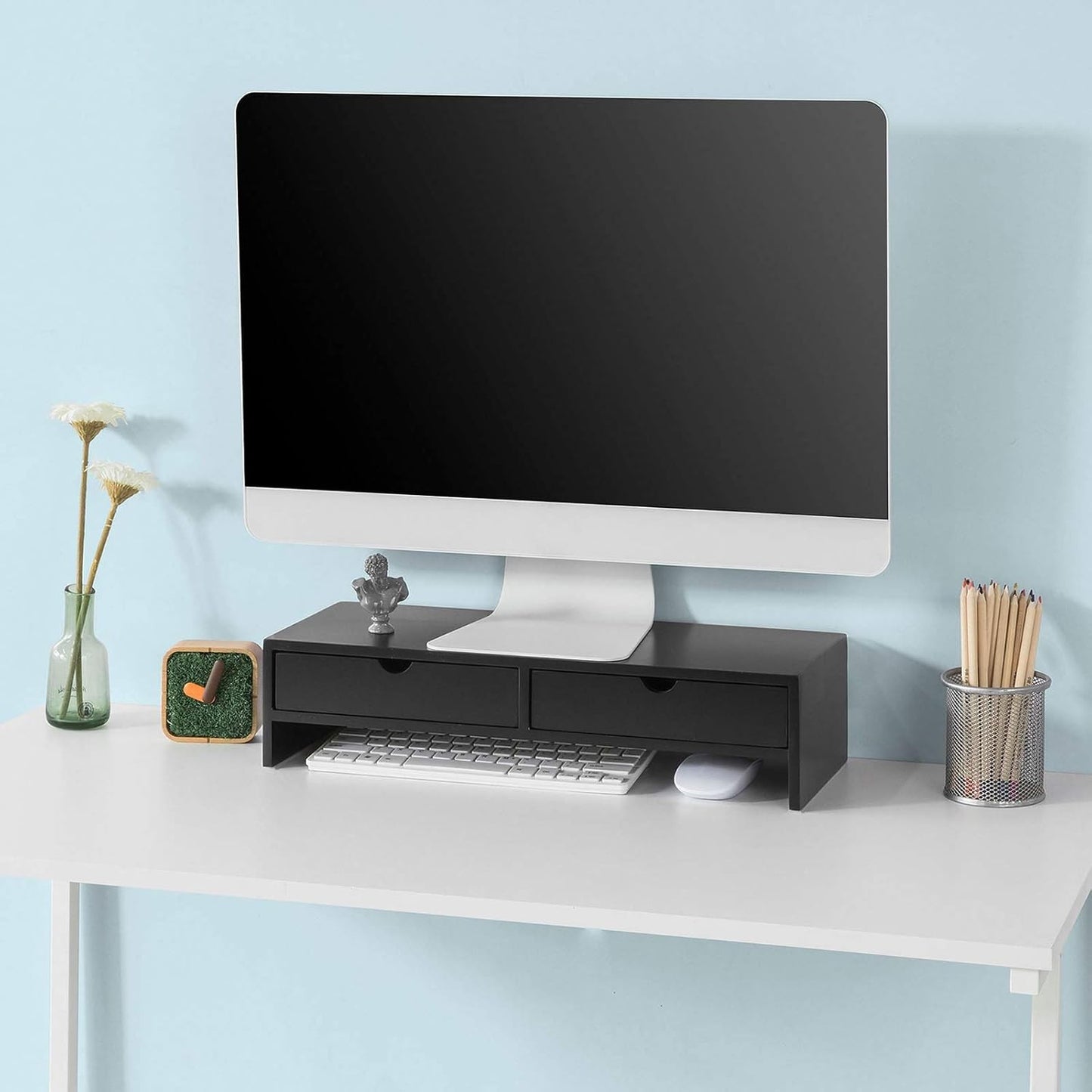 SoBuy Black Wooden Monitor Stand Riser Desk Organizer with Drawers DEMO
