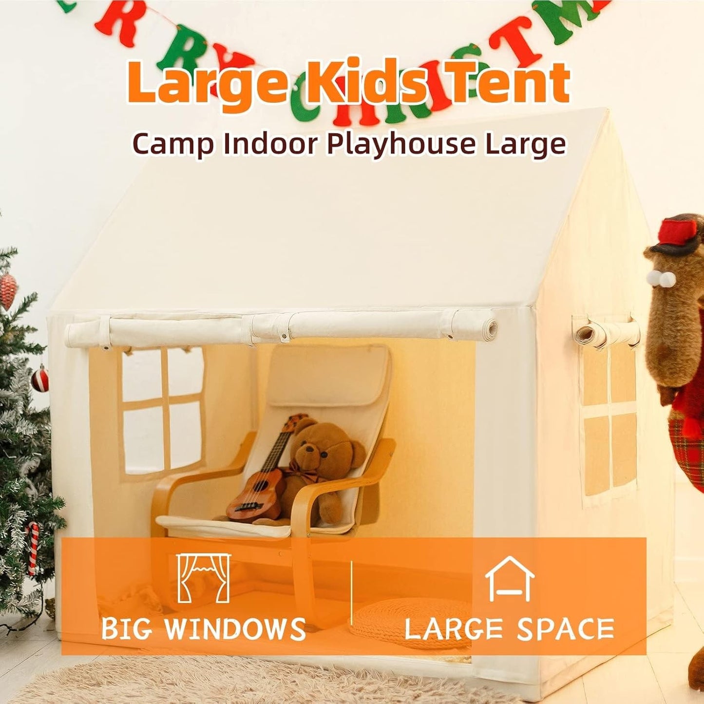 Kids Play Tent Indoor Cream Playhouse with Mat Star Lights for 3+ Years NEW