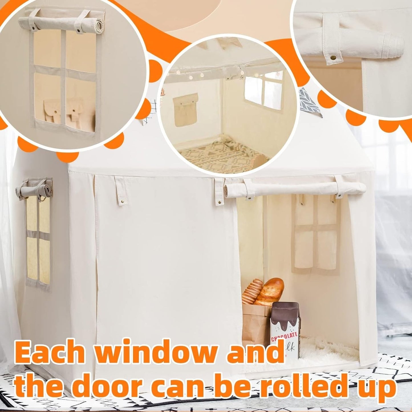 Kids Play Tent Indoor Cream Playhouse with Mat Star Lights for 3+ Years NEW