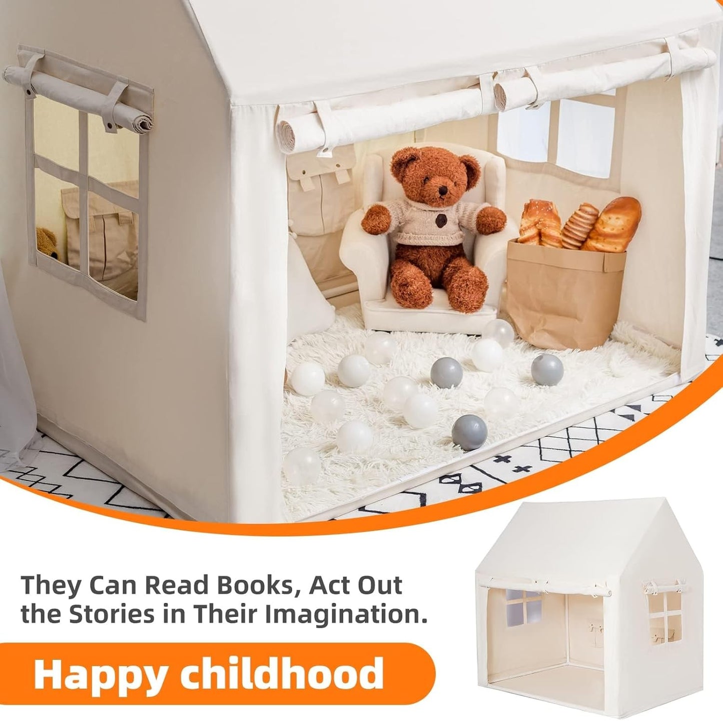 Kids Play Tent Indoor Cream Playhouse with Mat Star Lights for 3+ Years NEW