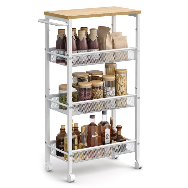 VASAGLE 4-Tier Kitchen Wood Oak and White Trolley Cart with Wheels NEW
