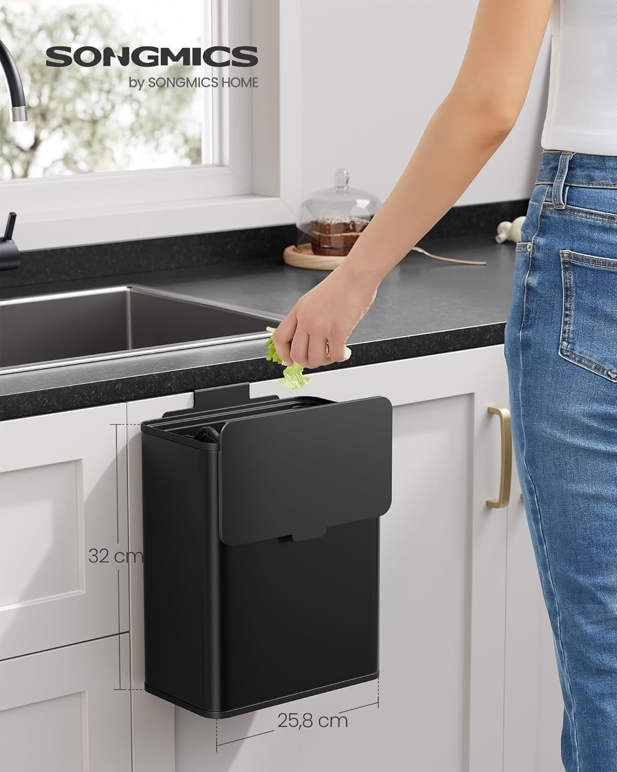 SONGMICS 8L Hanging Kitchen Trash Bin with Lid for Food Waste in Ink Black NEW