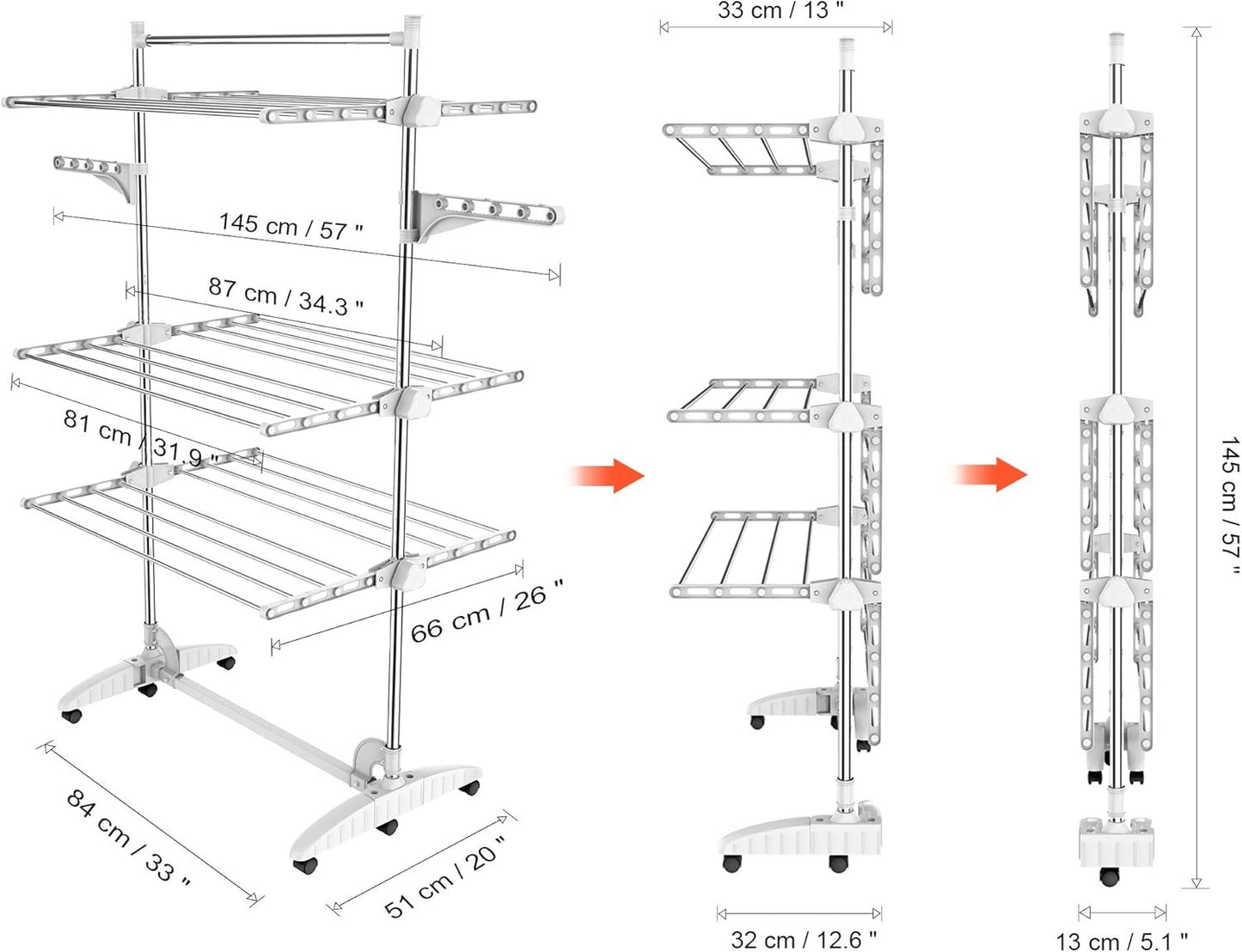 Todeco 3 Tier Folding Stainless Steel Adjustable Clothes Drying Rack NEW