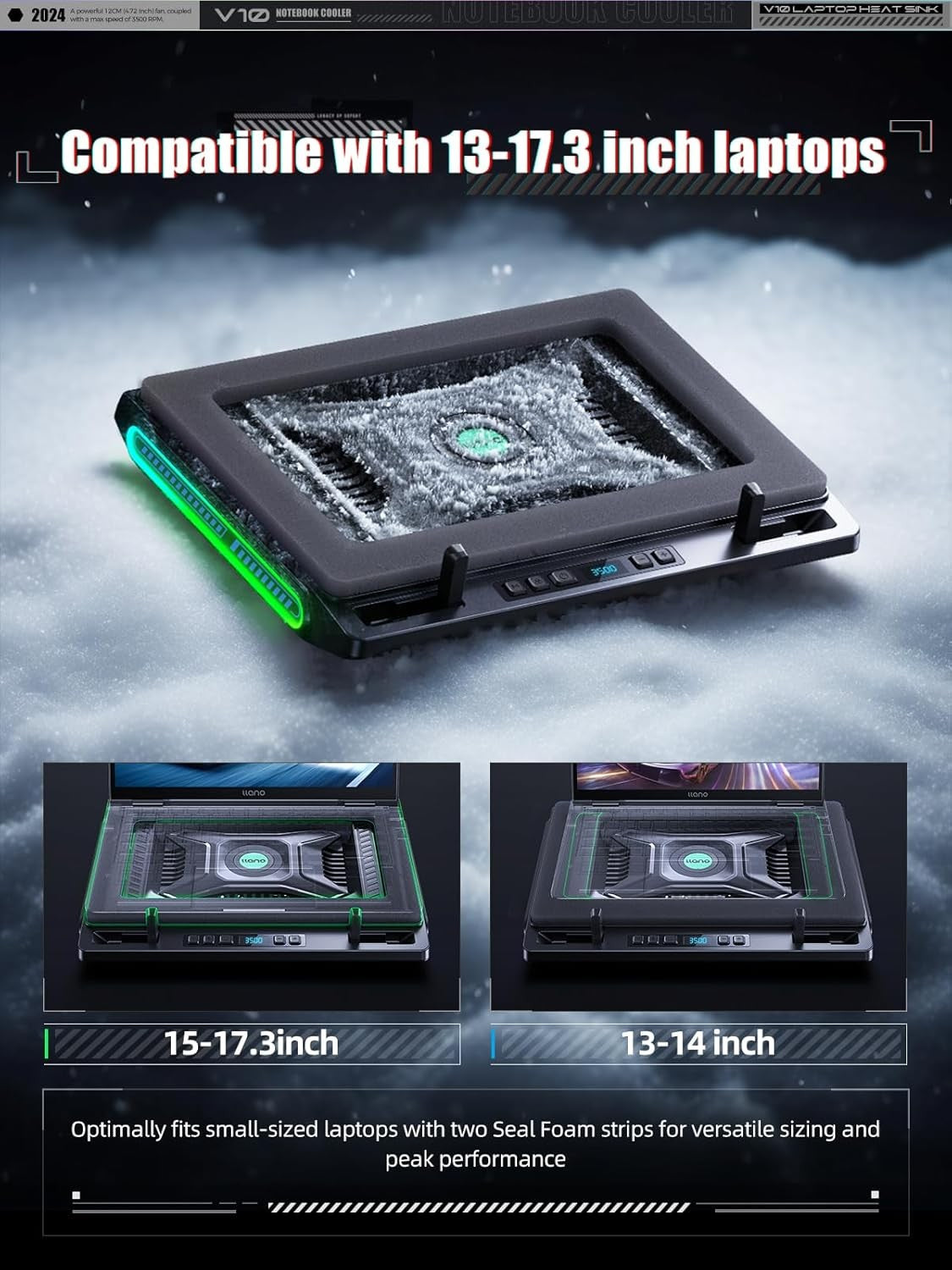 llano V10 Pro RGB Laptop Cooling Pad with Powerful Fan for 13-17.3in NEW