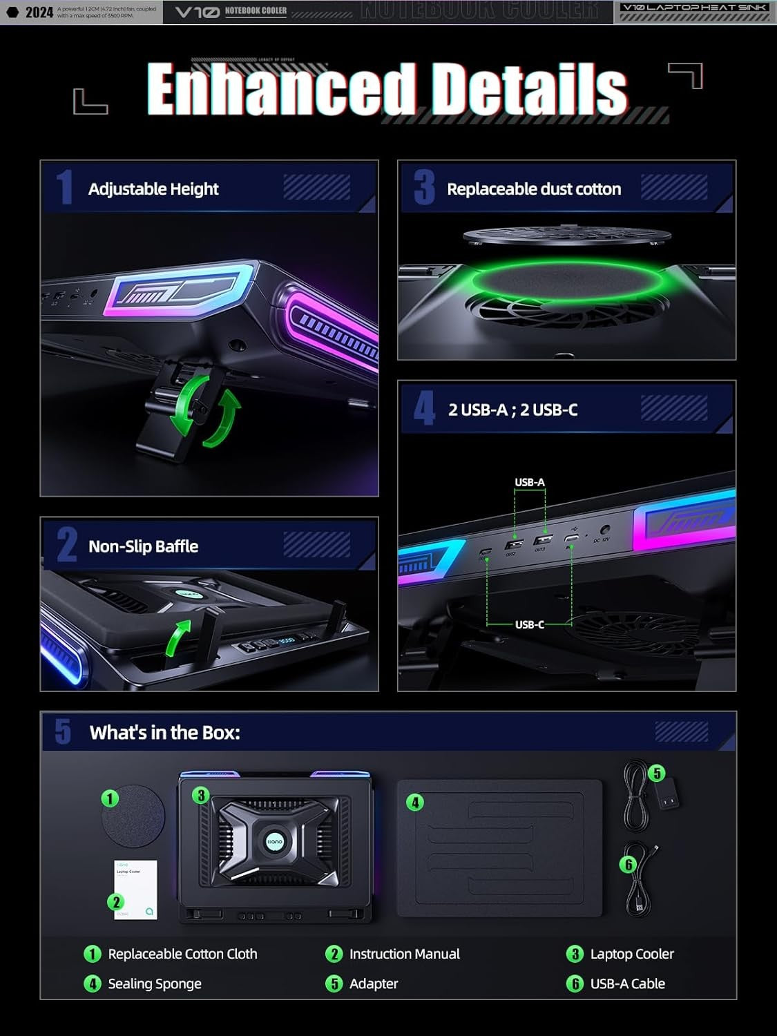 llano V10 Pro RGB Laptop Cooling Pad with Powerful Fan for 13-17.3in NEW