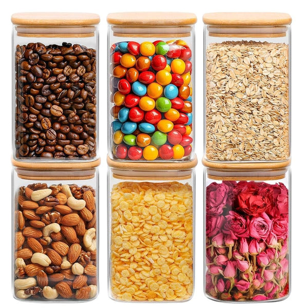 ComSaf Set of 6 1.1L Square Glass Food Storage Jars with Bamboo Lids NEW