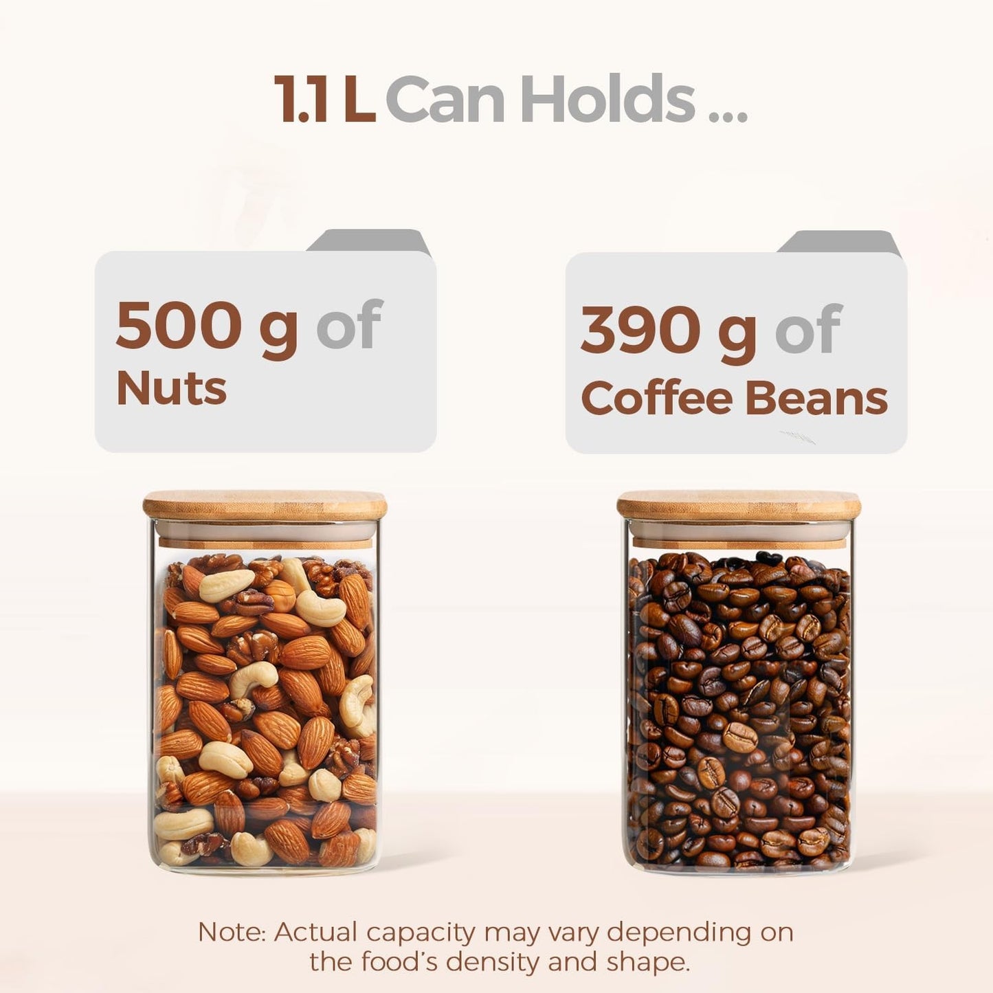 ComSaf Set of 6 1.1L Square Glass Food Storage Jars with Bamboo Lids NEW