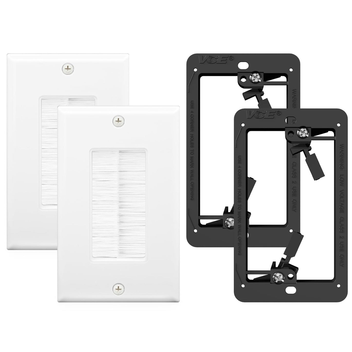 VCELink 2 Pack Brush Wall Plate Cable Pass with Mounting Bracket in White NEW