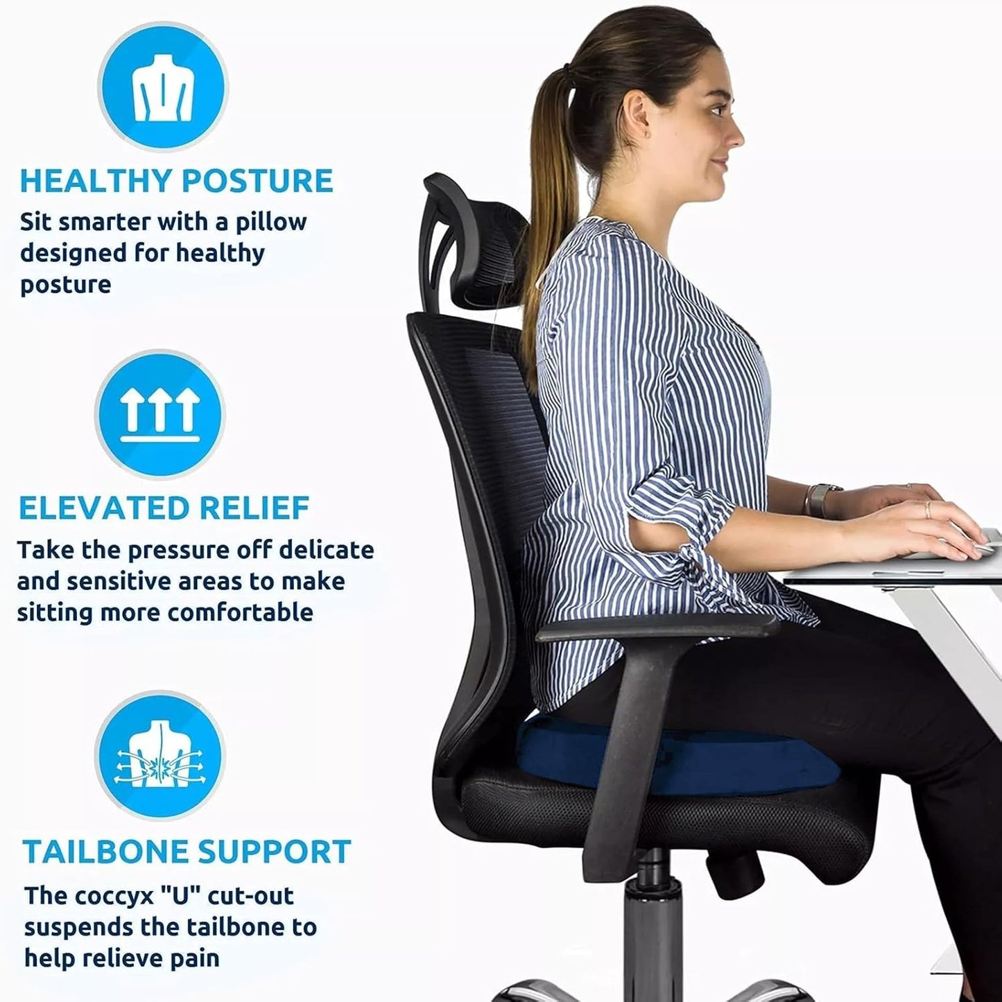 Memory Foam Seat Cushion Donut Pillow Navy Blue Tailbone Pain Relief NEW