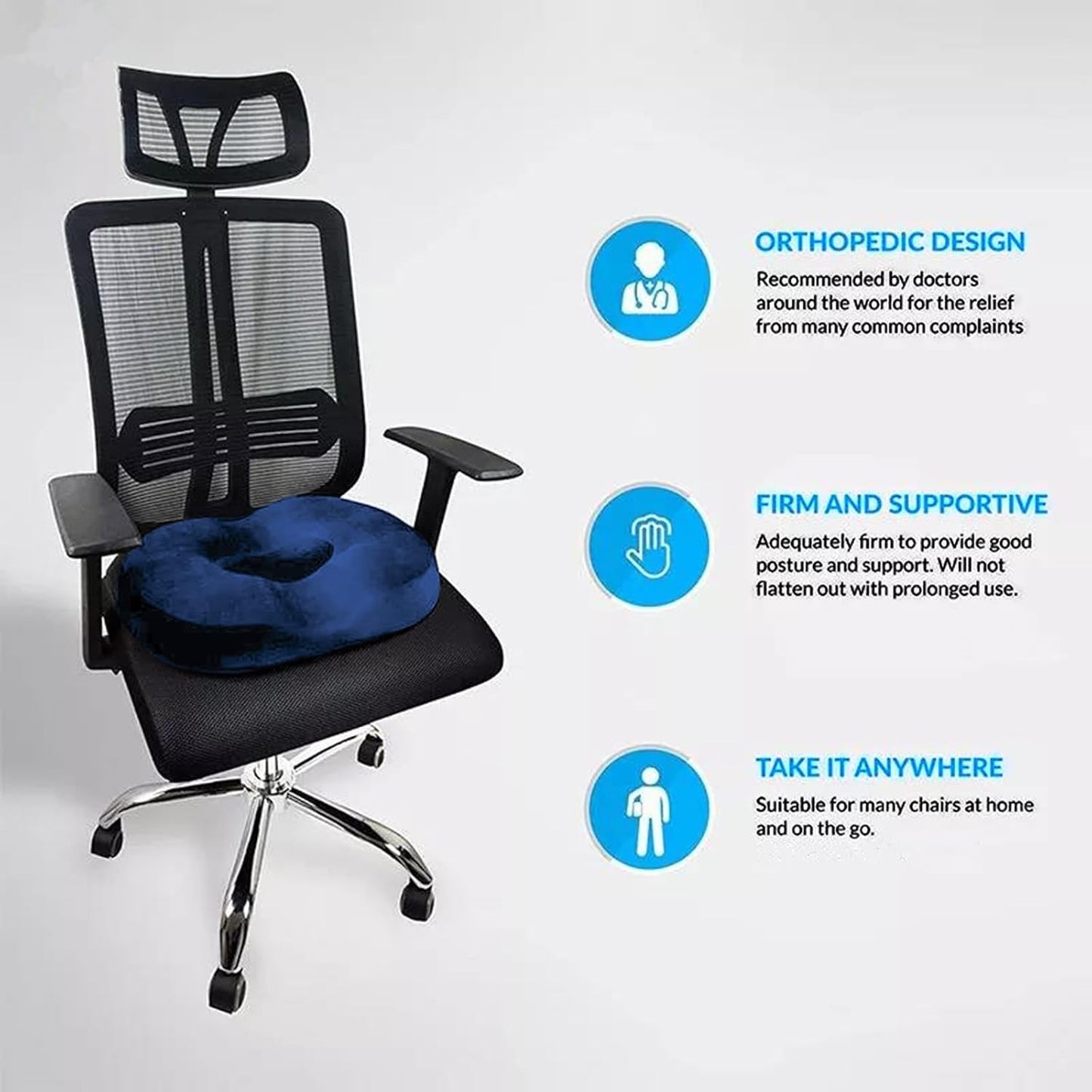 Memory Foam Seat Cushion Donut Pillow Navy Blue Tailbone Pain Relief NEW