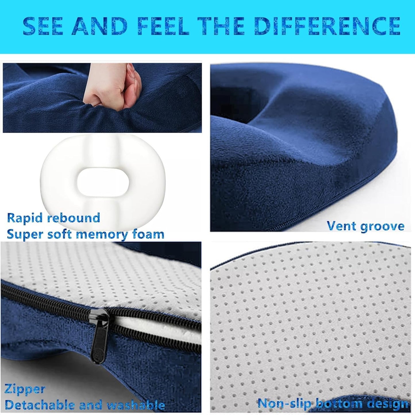 Memory Foam Seat Cushion Donut Pillow Navy Blue Tailbone Pain Relief NEW