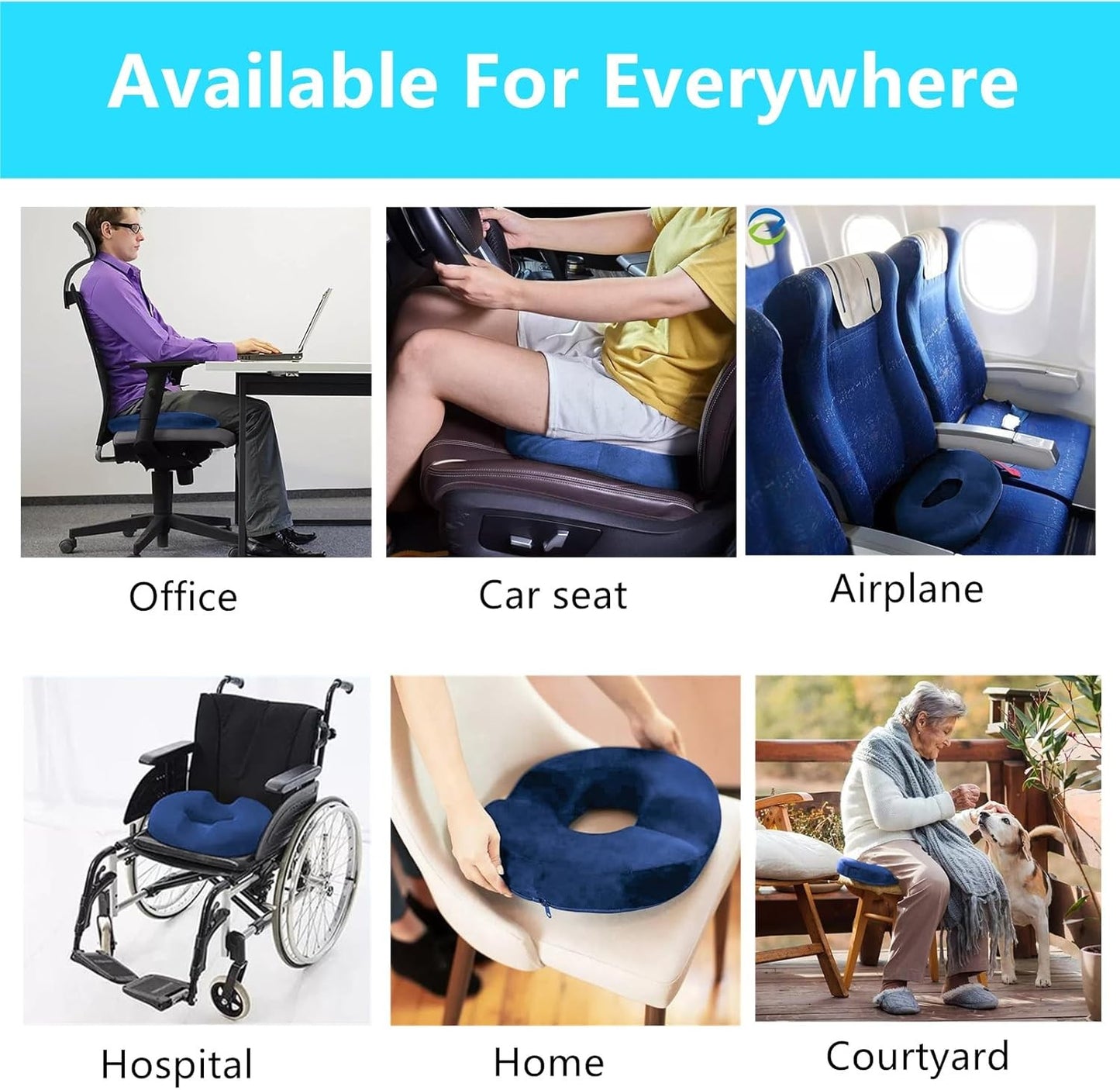 Memory Foam Seat Cushion Donut Pillow Navy Blue Tailbone Pain Relief NEW