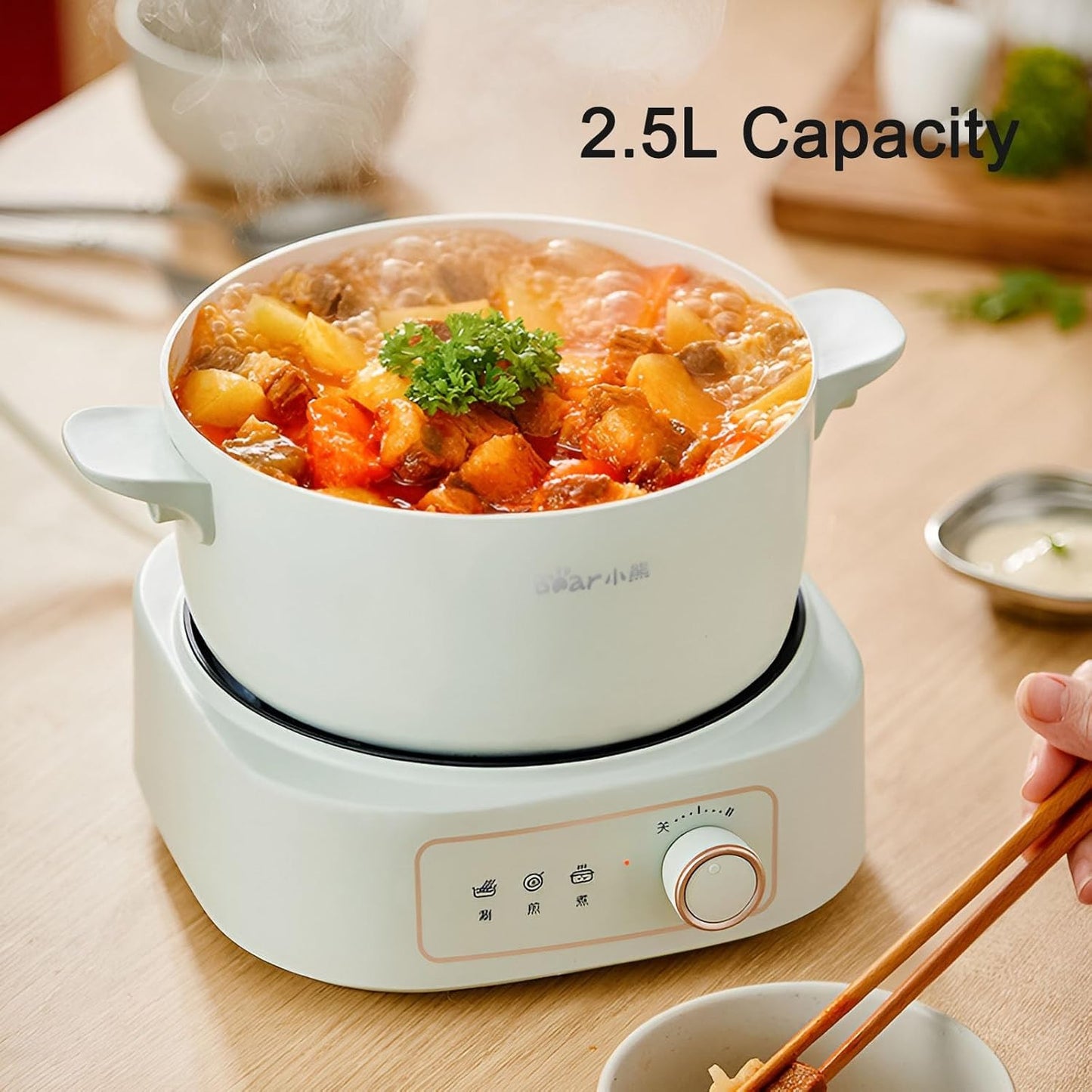 BEAR 2.5L Electric Dual Power Control Non-Stick Green Hot Pot with Steamer NEW