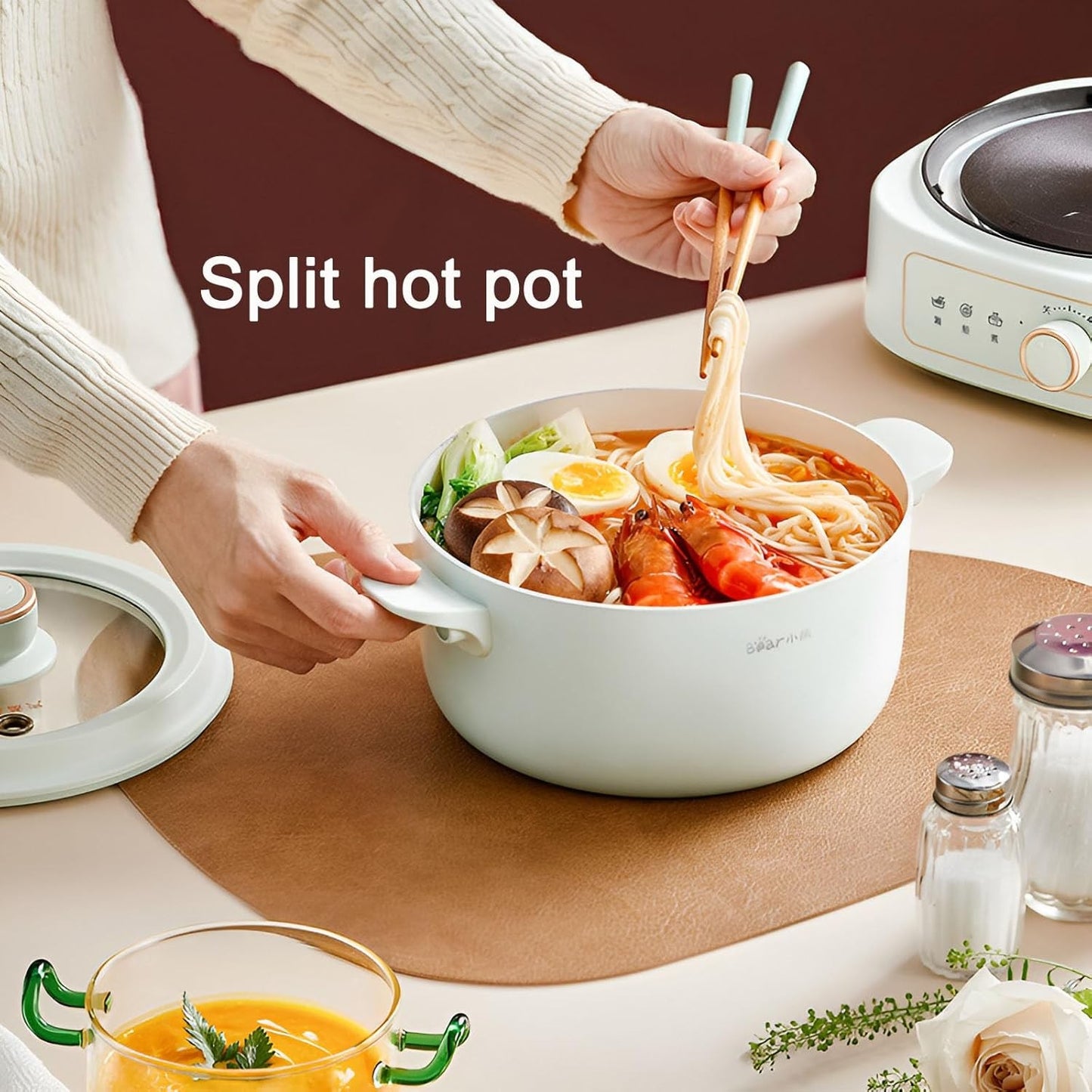 BEAR 2.5L Electric Dual Power Control Non-Stick Green Hot Pot with Steamer NEW