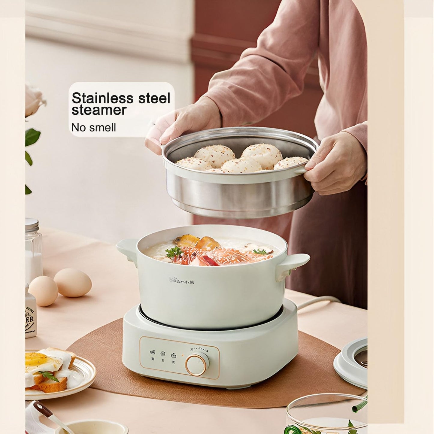 BEAR 2.5L Electric Dual Power Control Non-Stick Green Hot Pot with Steamer NEW