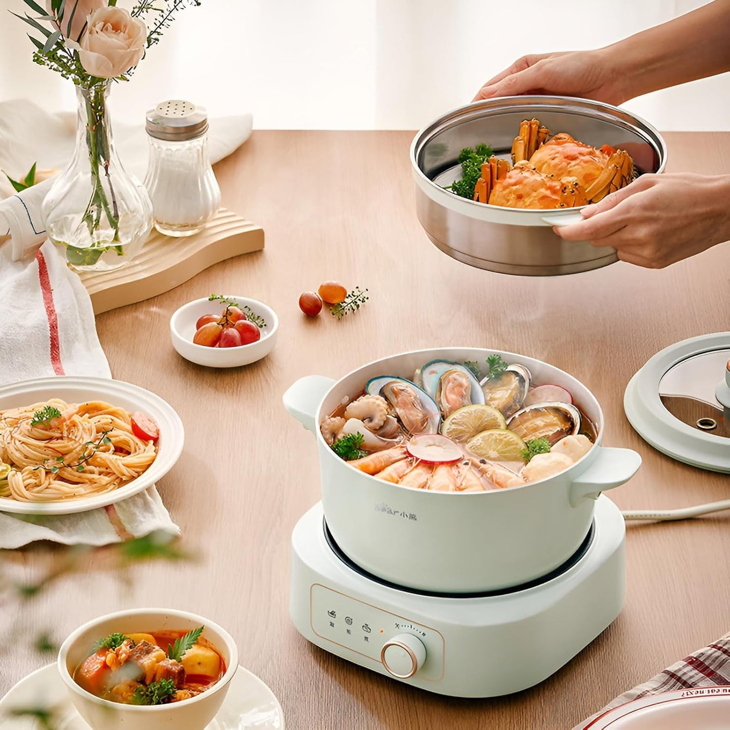 BEAR 2.5L Electric Dual Power Control Non-Stick Green Hot Pot with Steamer NEW