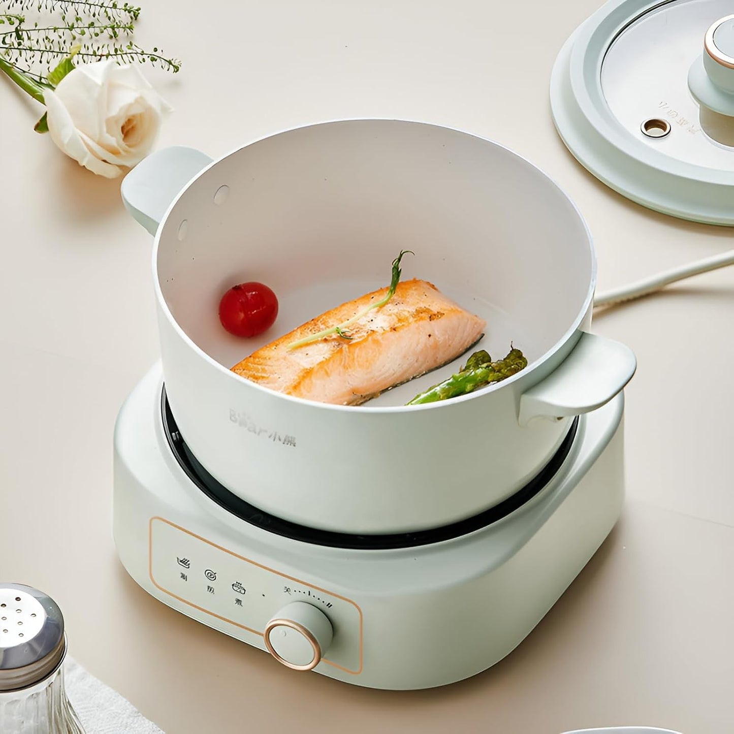 BEAR 2.5L Electric Dual Power Control Non-Stick Green Hot Pot with Steamer NEW