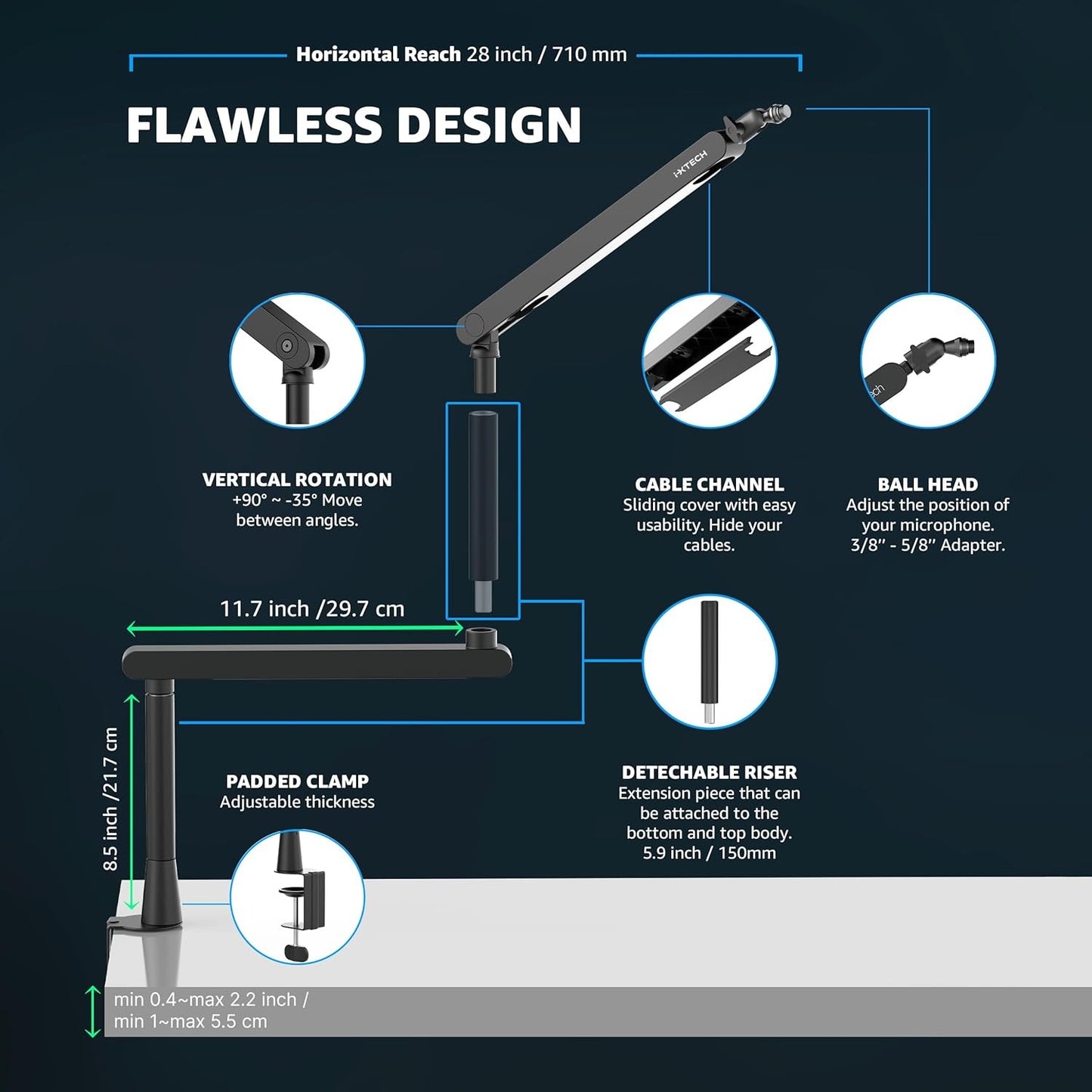 IXTECH IX-MI05 LIZARD Black Adjustable Microphone Arm Mount with 360 Swivel NEW