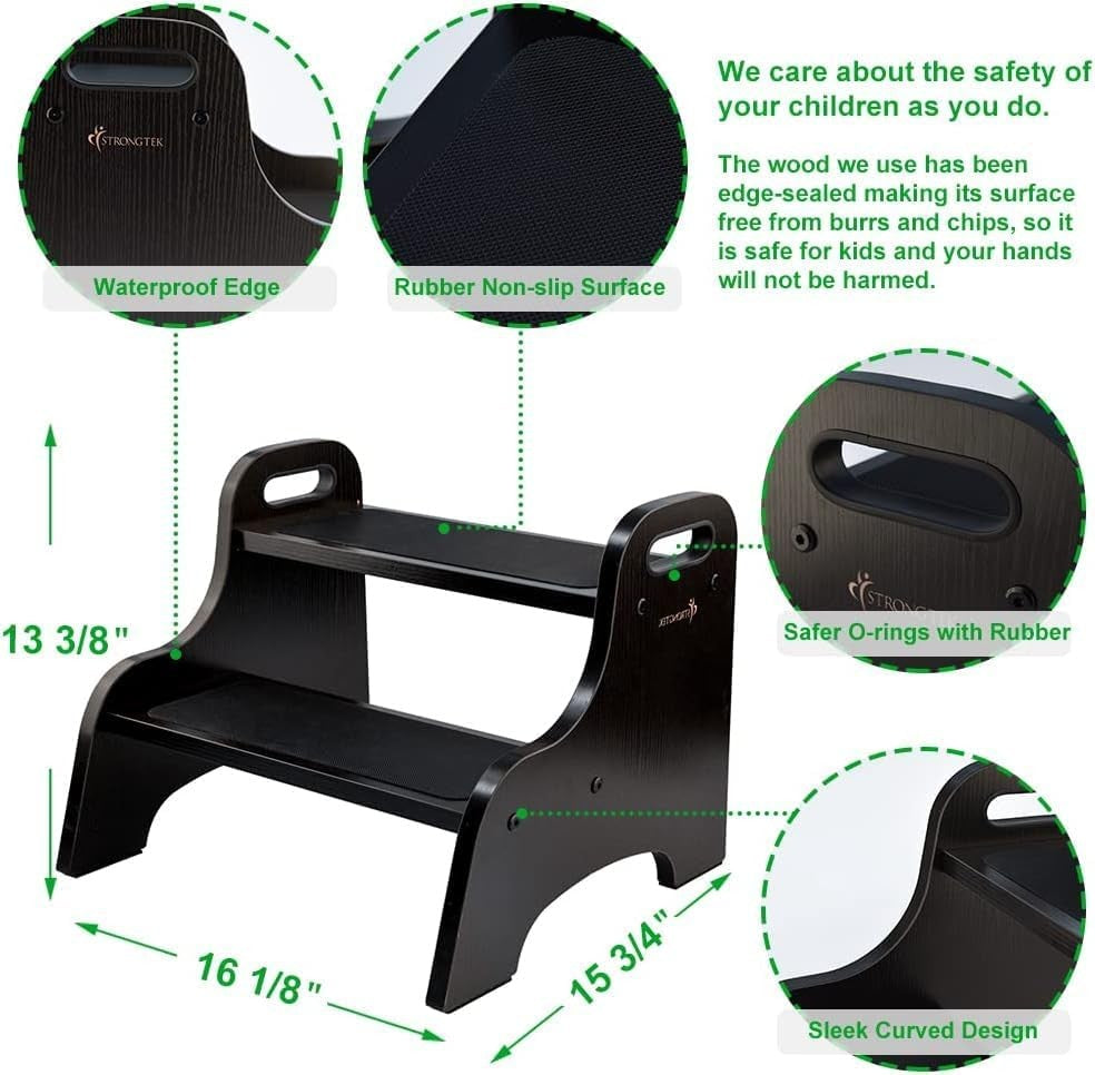 StrongTek 2 Step Stool Kids Dark Brown Non-Slip 300lbs Heavy-Duty Portable NEW