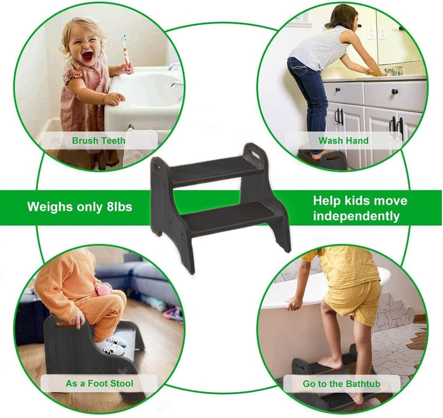 StrongTek 2 Step Stool Kids Dark Brown Non-Slip 300lbs Heavy-Duty Portable NEW