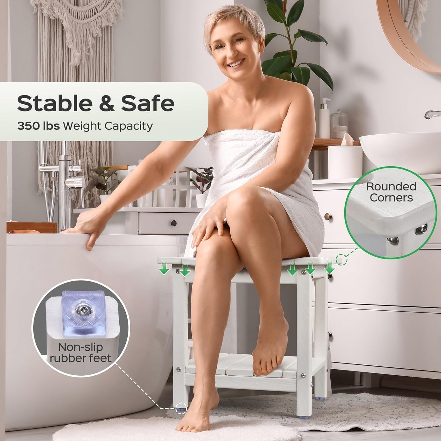 18.5 Inch White Shower Bench Stool HDPE Waterproof Chair 350LBS Max NEW