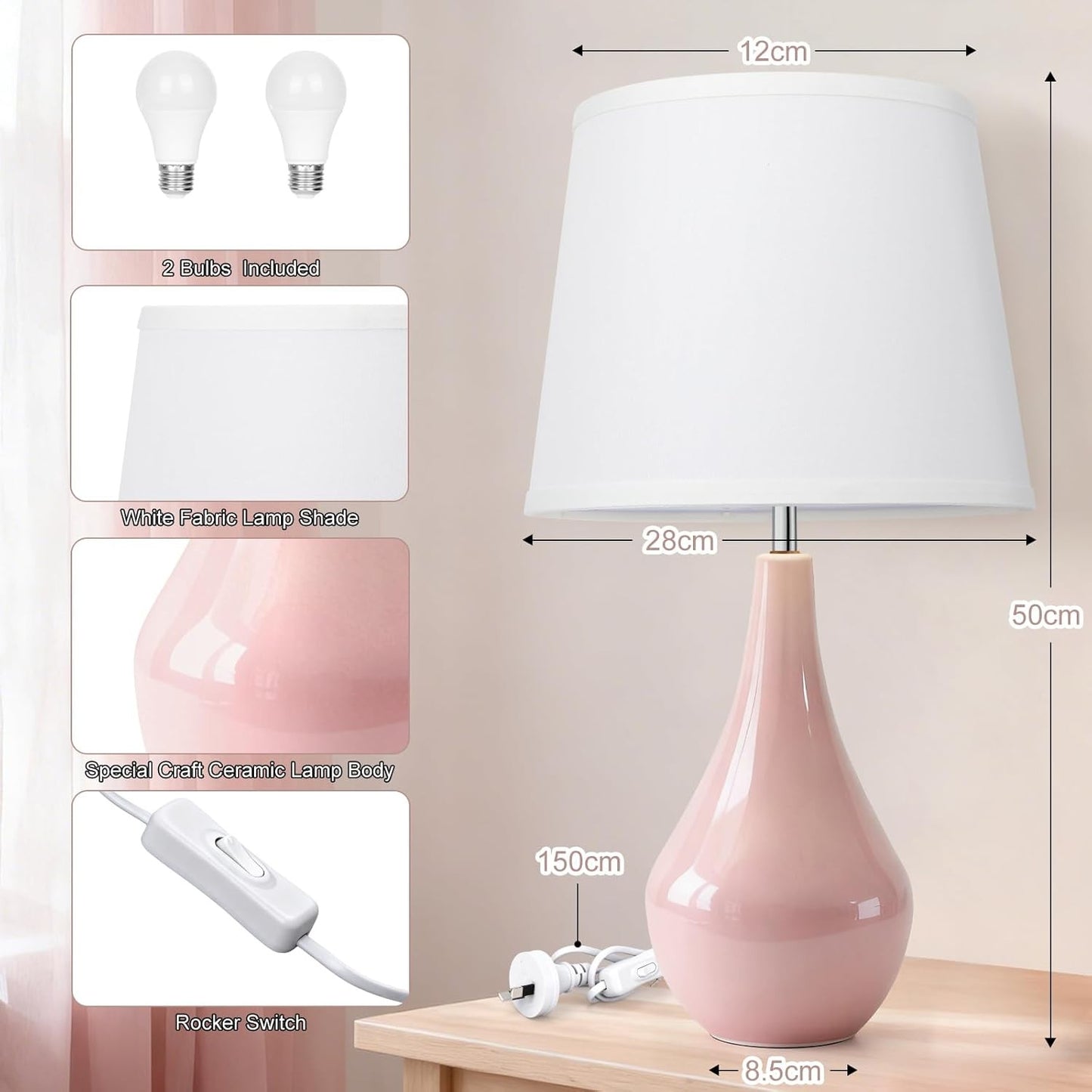 Tisuokae 2 Pack 50cm E27 LED Bulbs Pink Ceramic Bedside Lamps Nightstand NEW