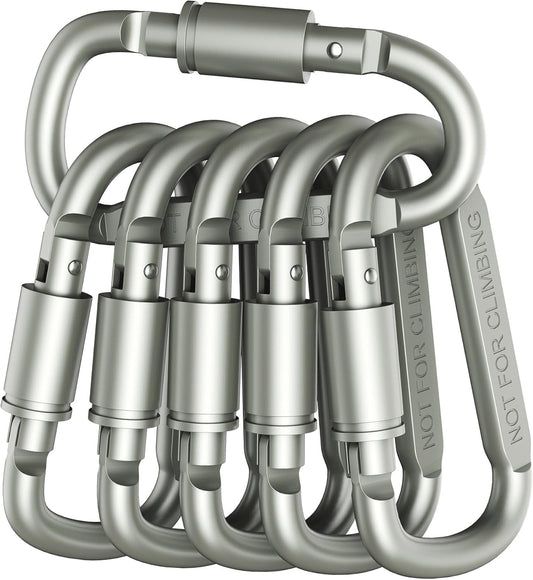 Masper 6 Pcs Premium Silver Aluminum D-Ring Locking Carabiner Clips