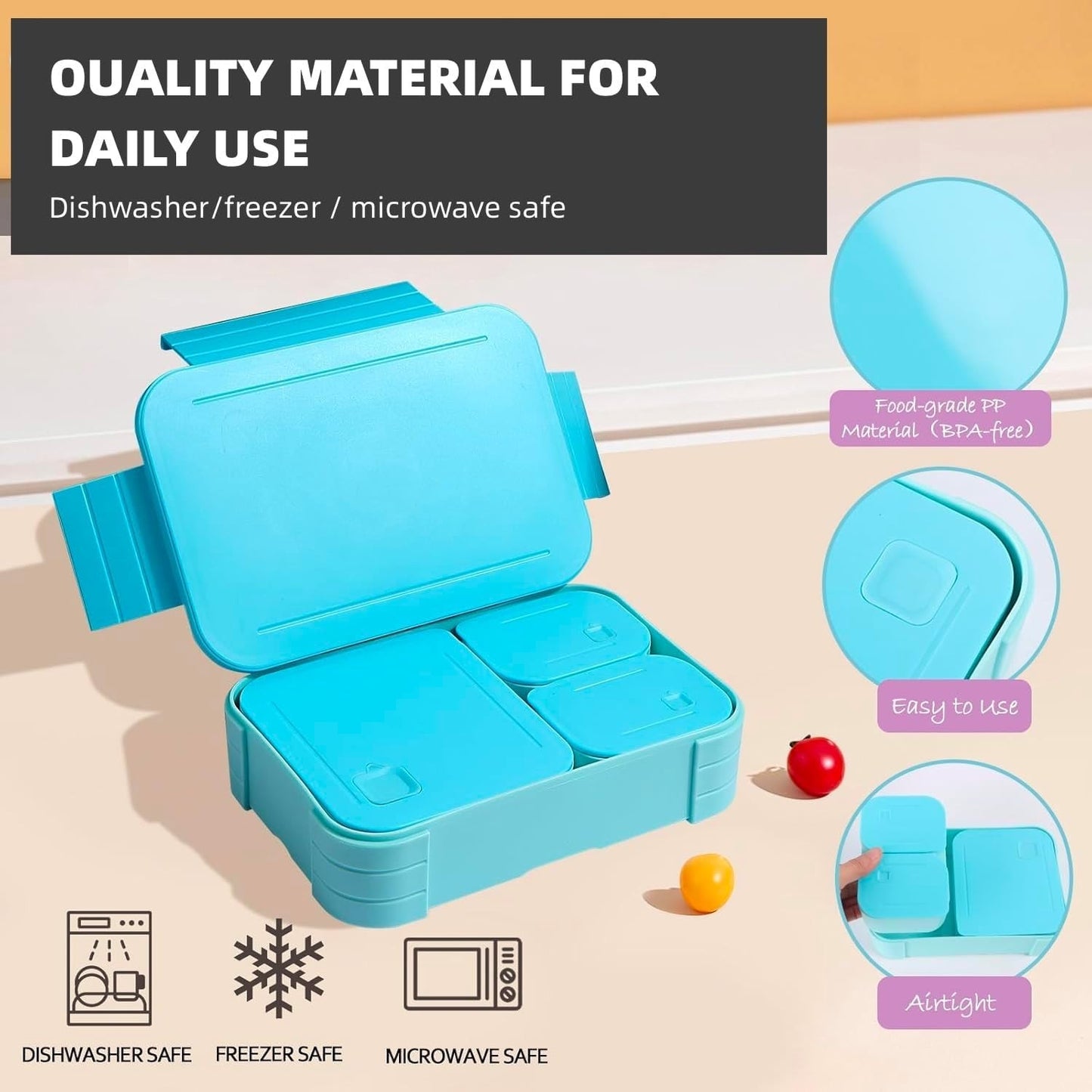 QIANYILI 3-in-1 Leakproof Bento Box XL Capacity Meal Prep Container