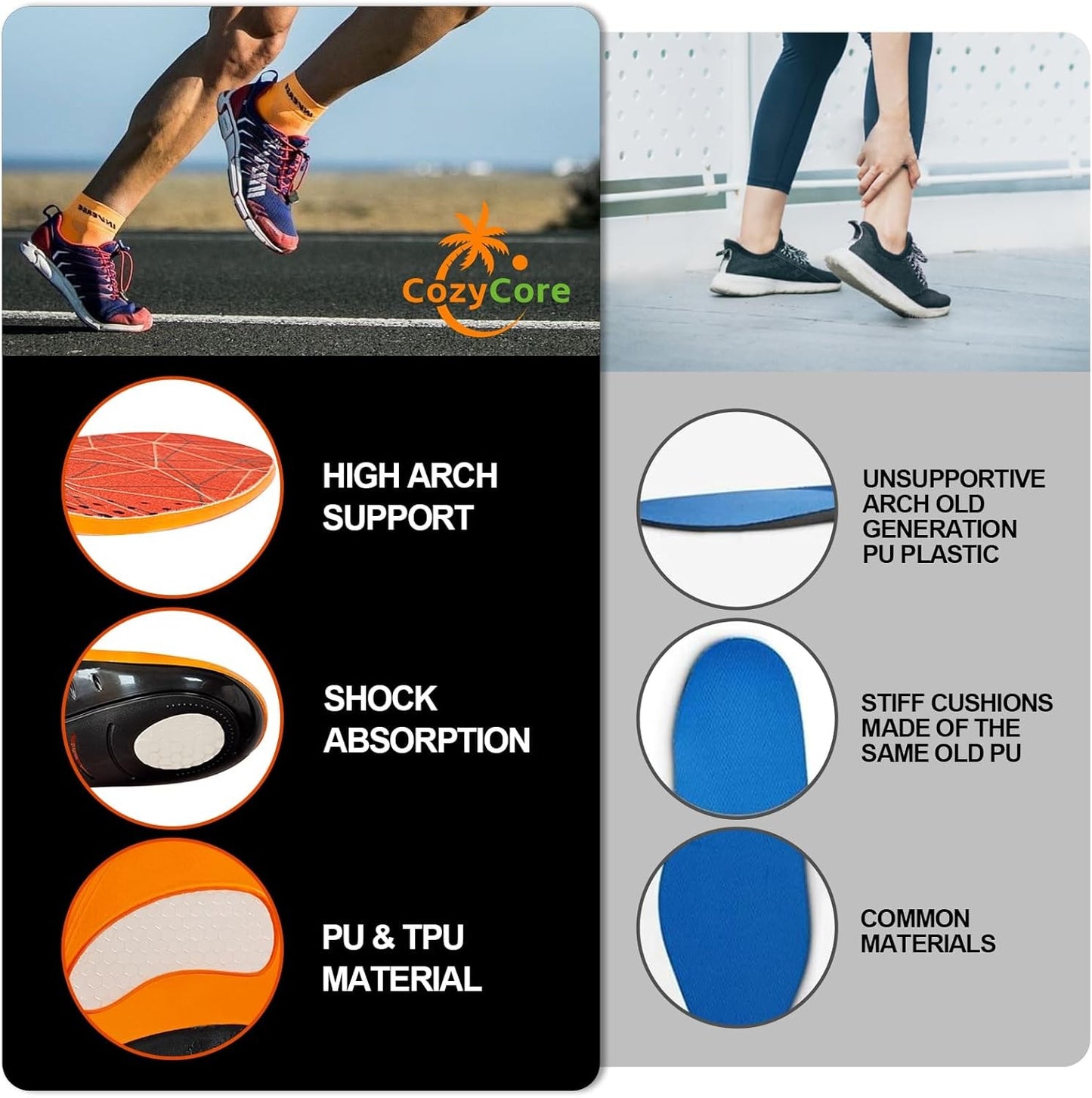 H HOME-MART Orange Running Athletic Shoe Insoles for Men & Women