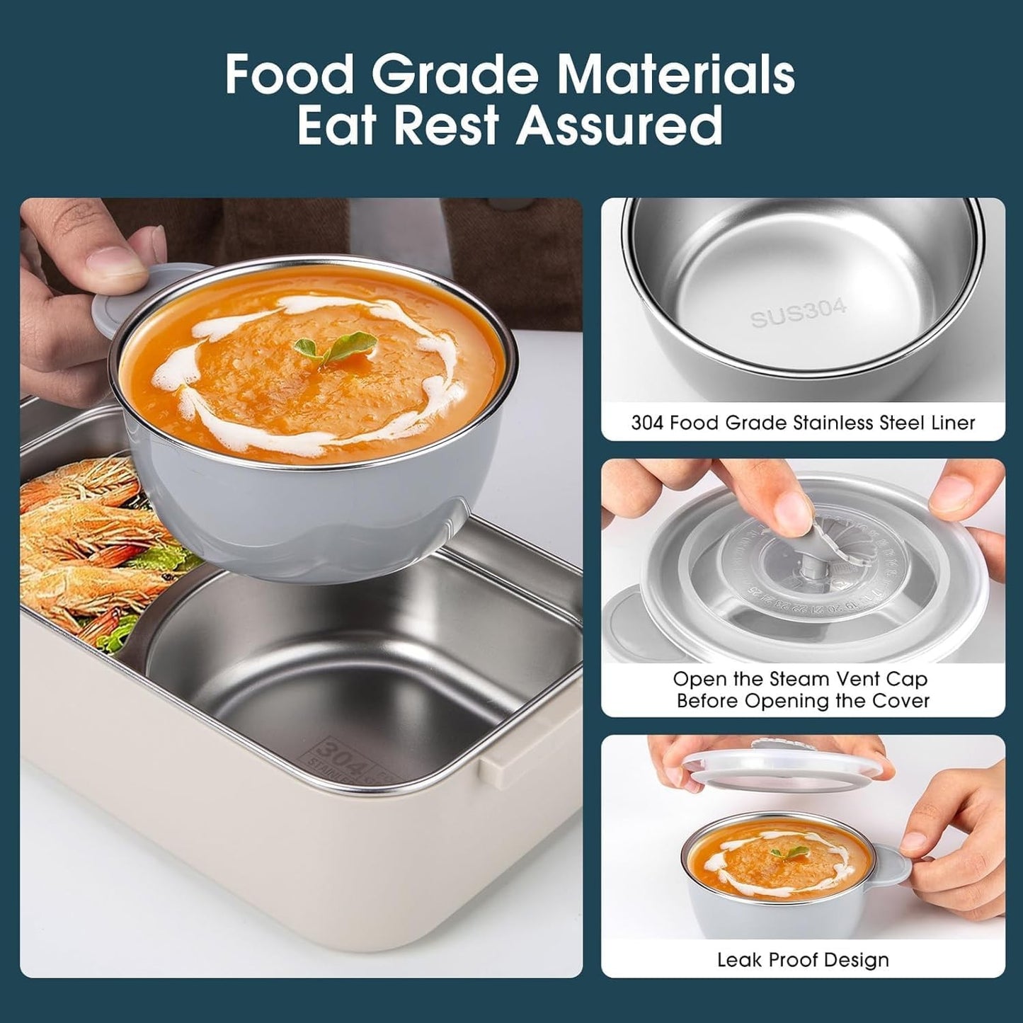 Reabulun Creamy White Bento Box Adult Lunch Container with Soup Bowl