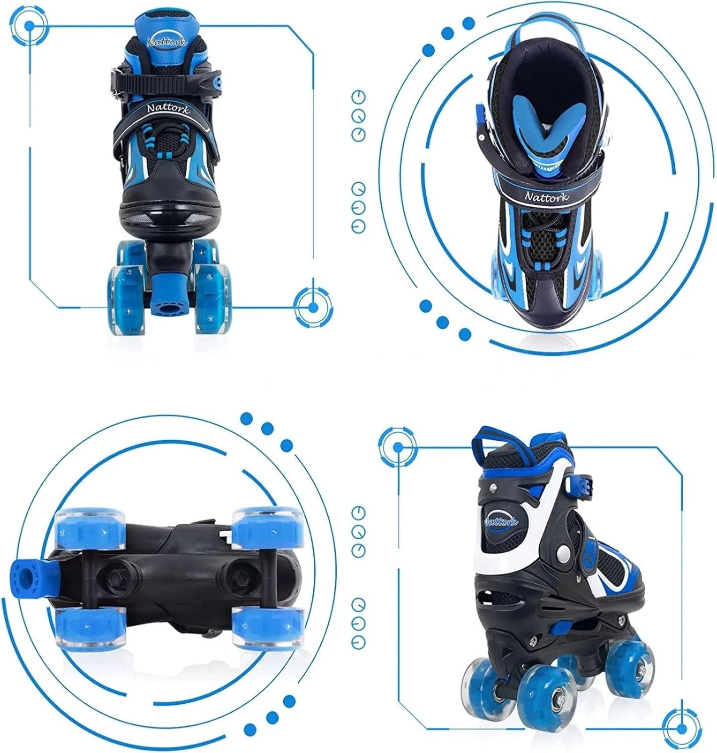 BASYNOL Nattork Kids Roller Skates with Light Up Wheels Adjustable Blue