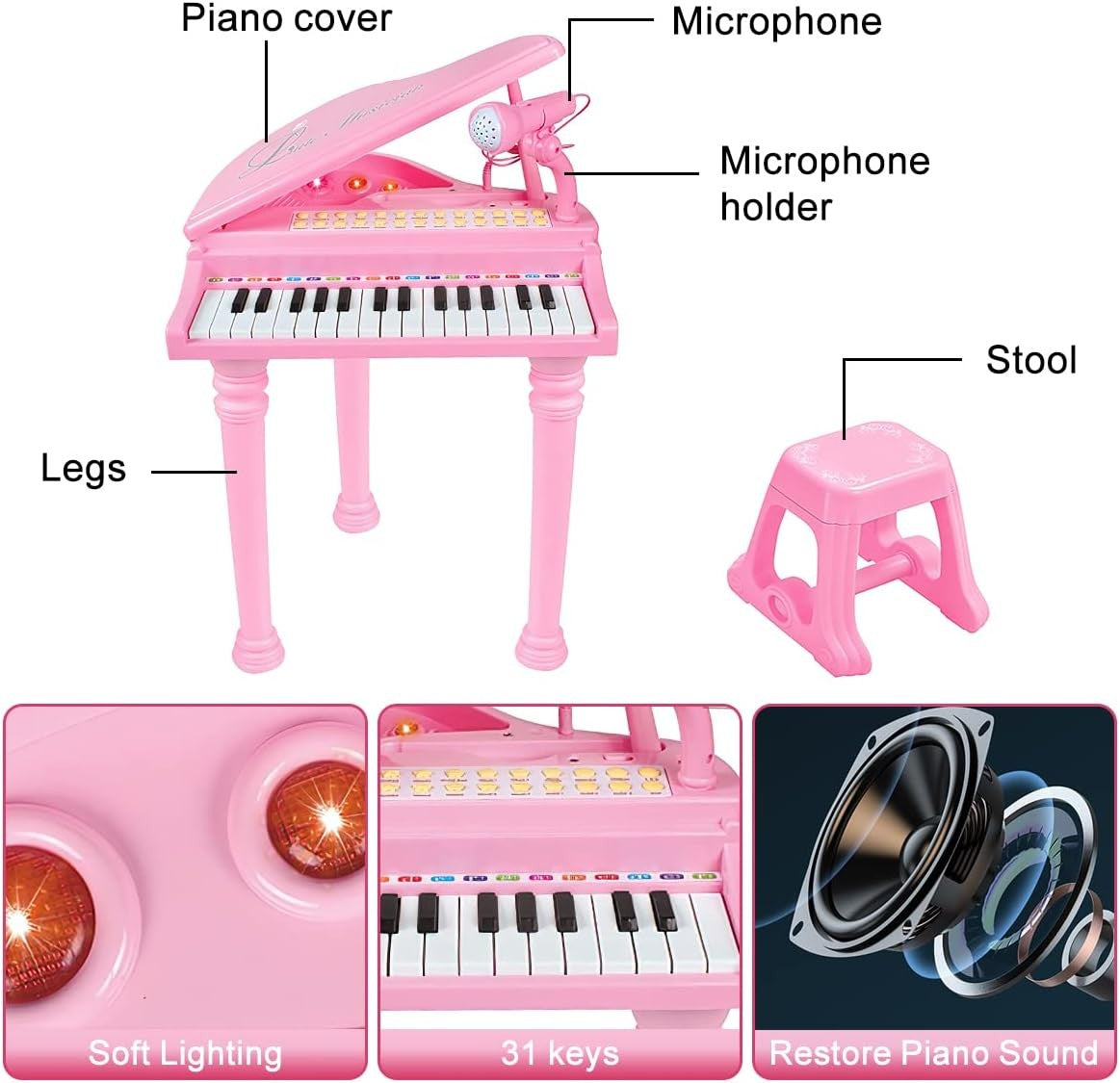 Losbenco P1504A Kids Piano Keyboard Toy with Microphone Pink