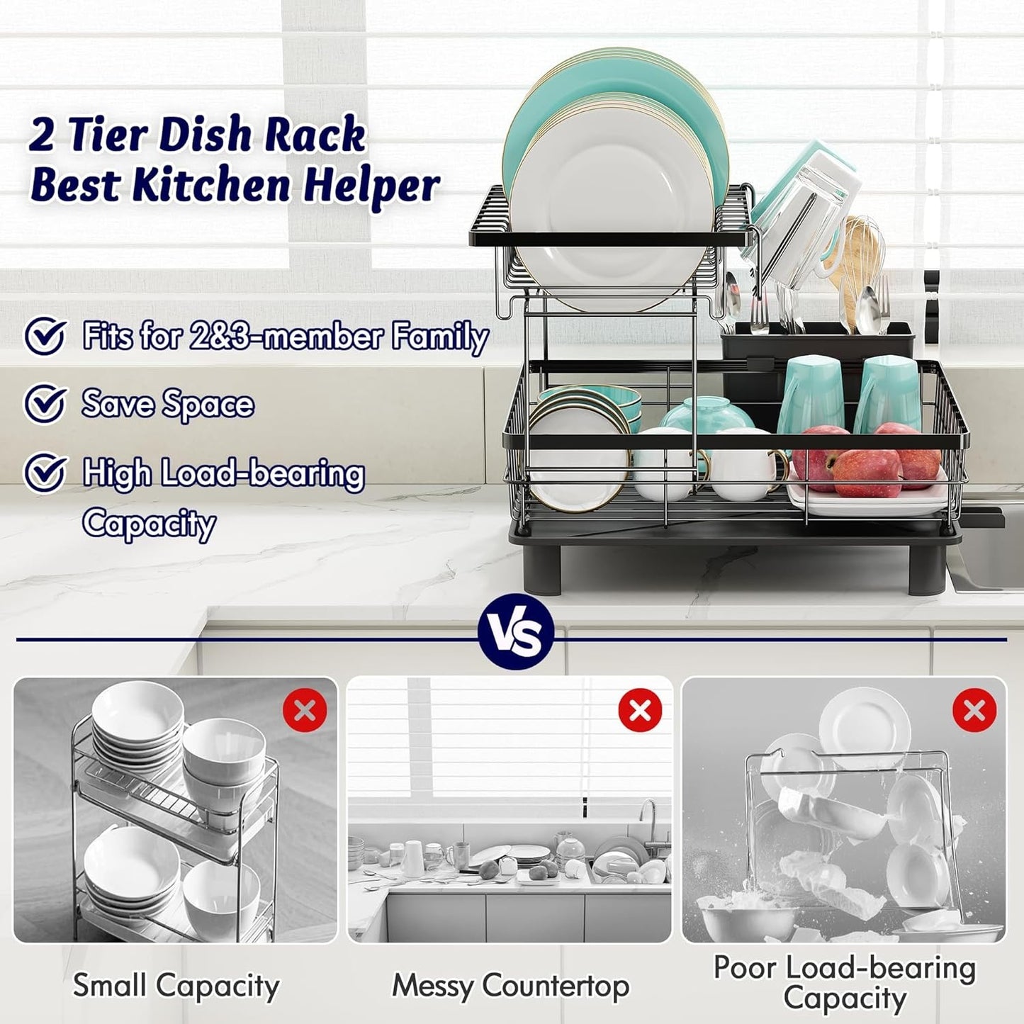 Boosiny 2 Tier Dish Drying Rack for Kitchen Countertop with Drainboard