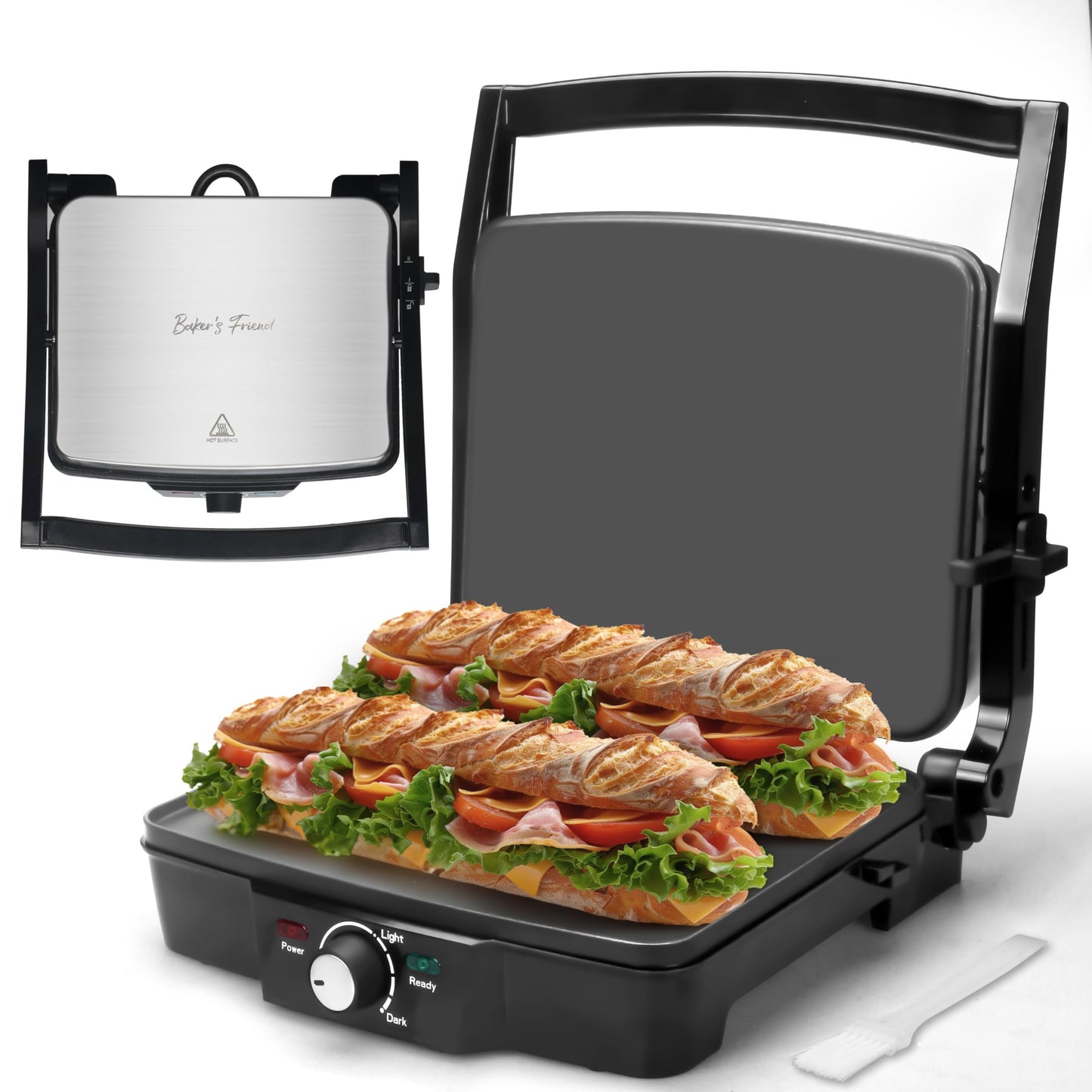 Baker's Friend Electric Panini Press Grill for 4 Slices Stainless Steel
