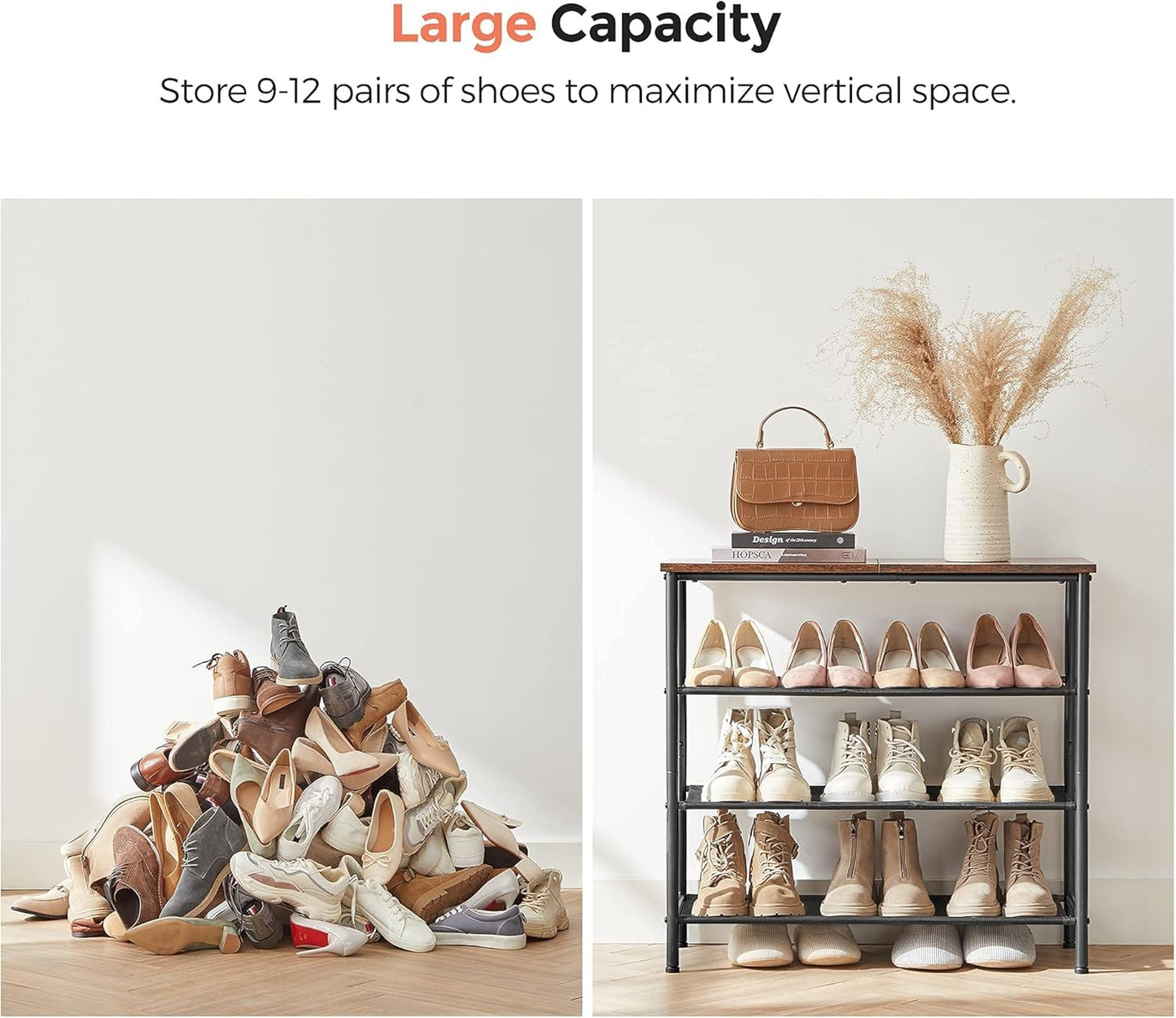 VASAGLE 4 Tier Shoe Rack for 9-12 Pairs with Fabric Shelves