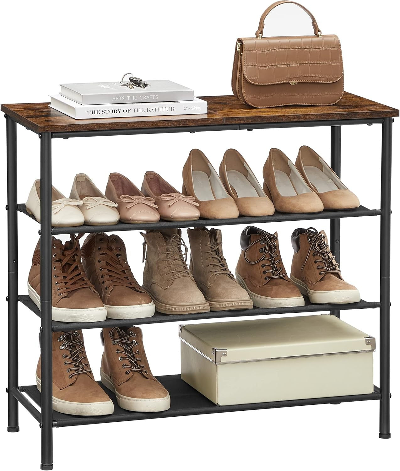 VASAGLE 4 Tier Shoe Rack for 9-12 Pairs with Fabric Shelves
