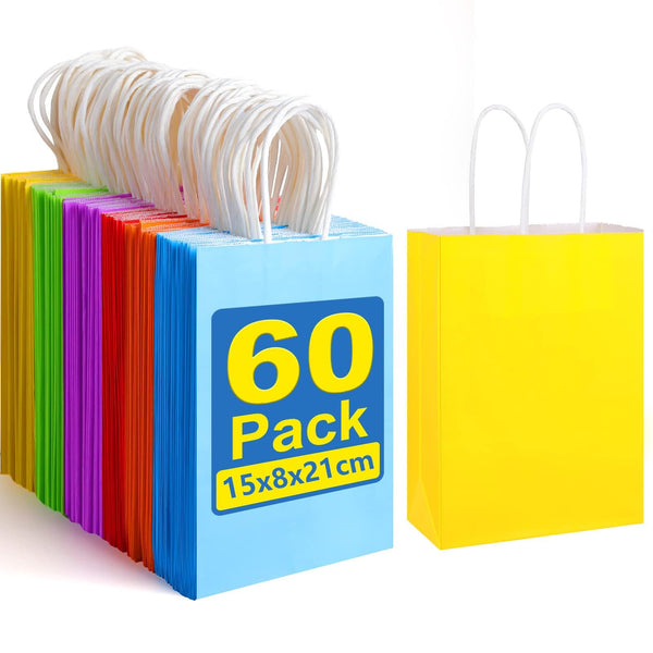 NeulSun 60 Pack Rainbow Kraft Paper Gift Bags with Handles for Parties