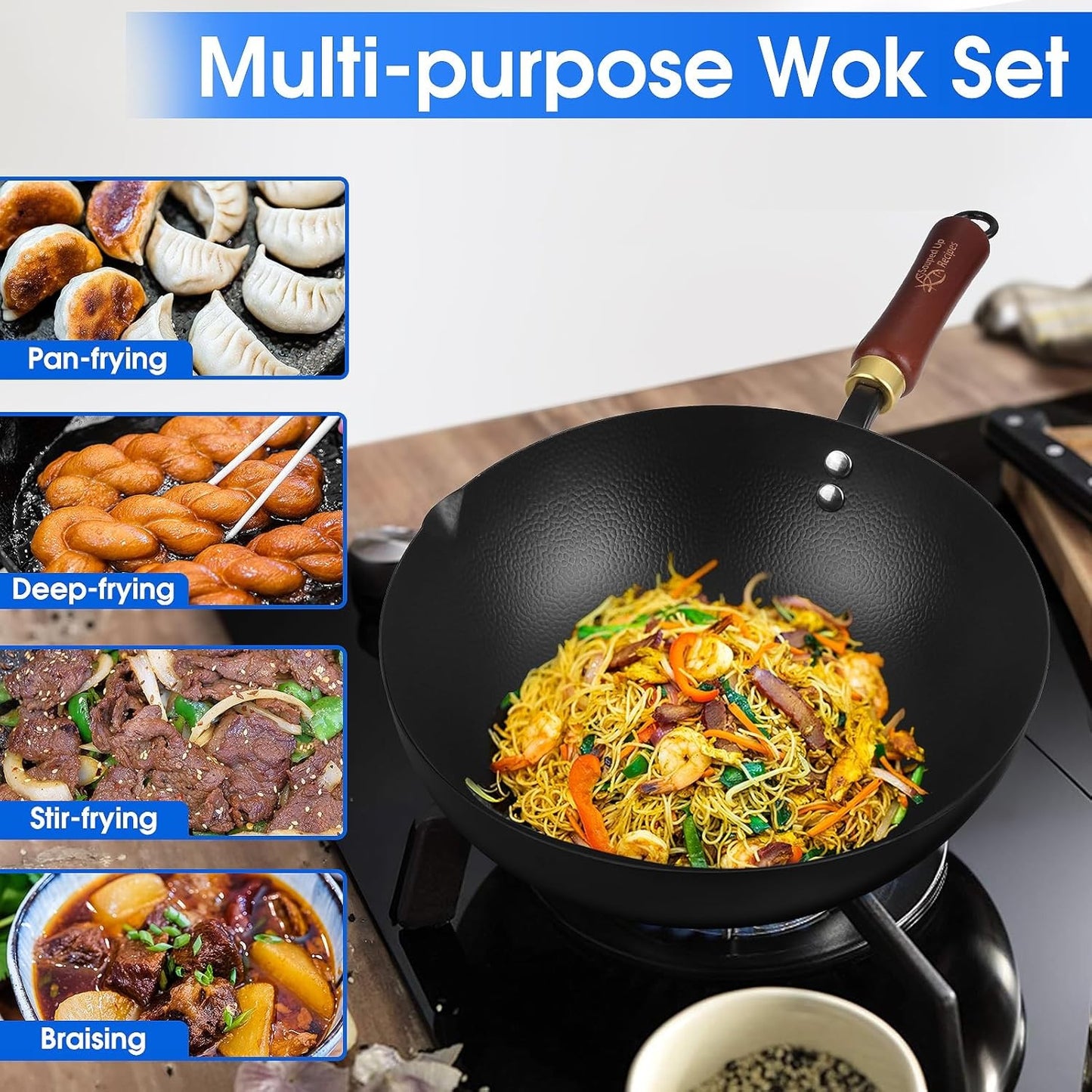 Souped Up Recipes 10 Inch Carbon Steel Wok for Electric Induction Gas Stoves