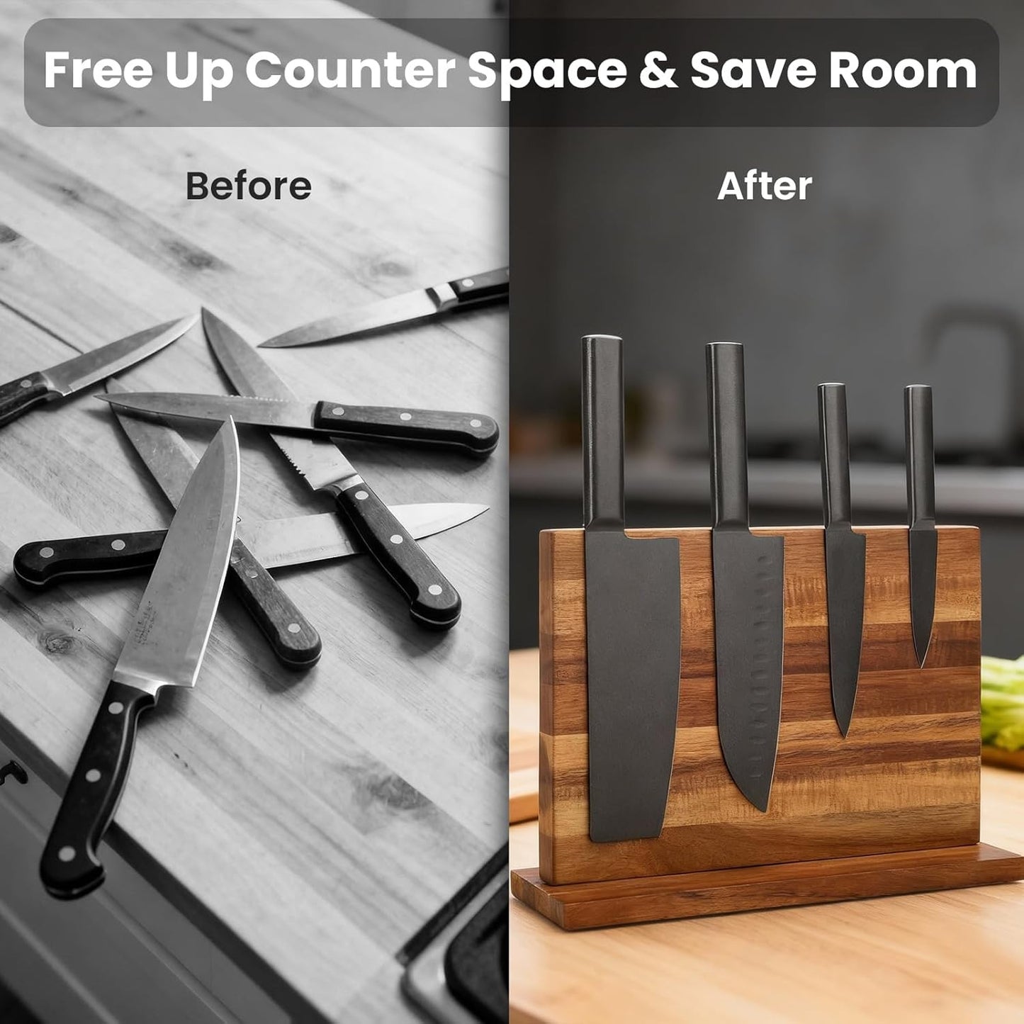 LQUAN Solid Wood Magnetic Knife Block with Strong Magnets for Kitchen Storage